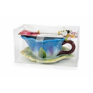 Corner Ruby Garden Collection Blue Pansy Teacup Saucer Bee Spoon Set New Rare